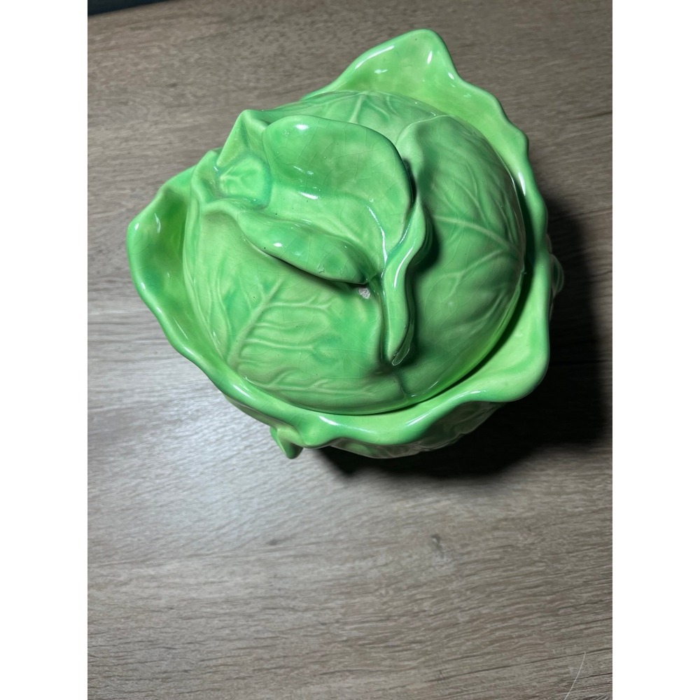 Vtg Green Cabbage Ceramic Dish/ Lid - HOLLAND MOLD‎